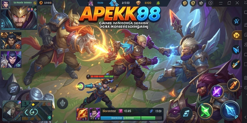 Screenshot utama APEK88 menampilkan aksi pertempuran MOBA yang seru.