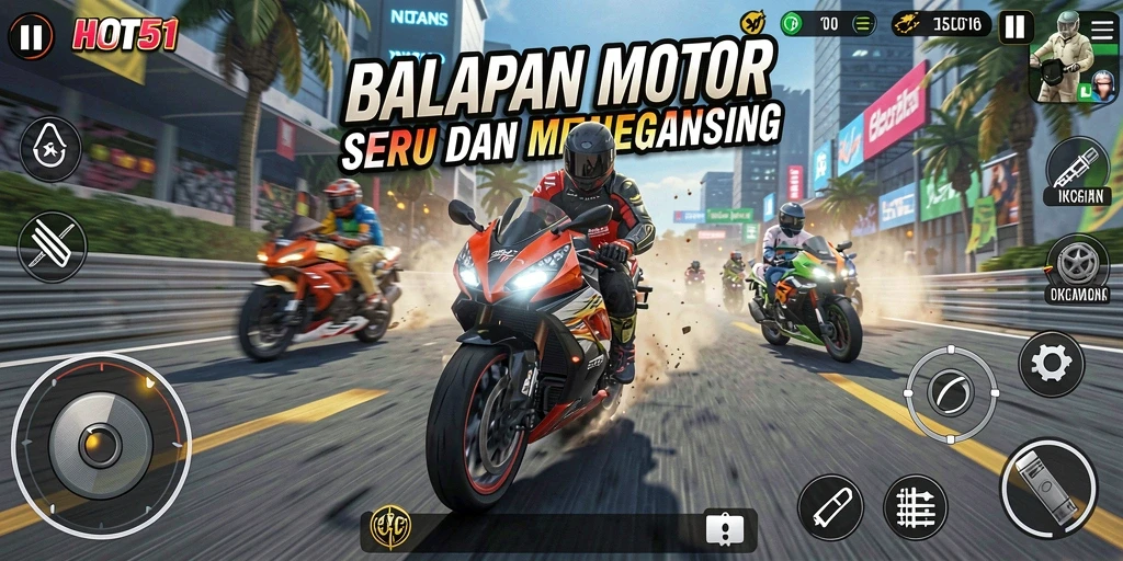 Gameplay HOT51 yang mendebarkan saat balapan motor.