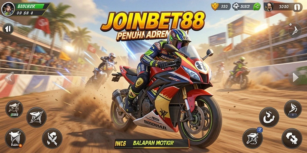 Screenshot JOINBET88 menampilkan aksi balapan motor yang mendebarkan.