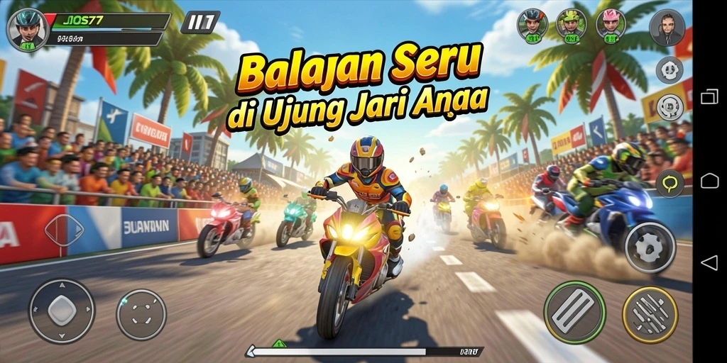 Tangkapan layar menampilkan aksi balapan seru dalam JOS77 dengan mobil-mobil keren.