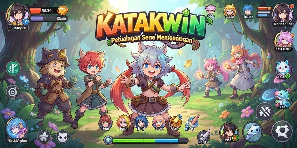 Tampilan gameplay KATAKWIN yang memukau dan penuh warna.
