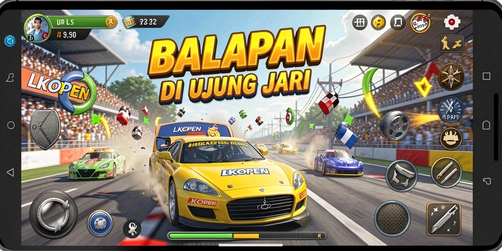 Screenshot LKOPEN menampilkan balapan dengan grafis menawan dan kendaraan cepat.