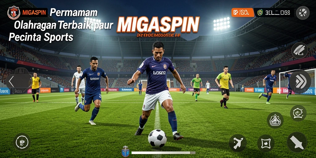 Tampilan gameplay yang dinamis dalam MIGASPIN, menunjukkan aksi olahraga seru.