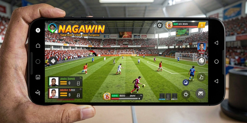 Screenshot gameplay NAGAWIN dengan aksi seru di lapangan sepak bola.