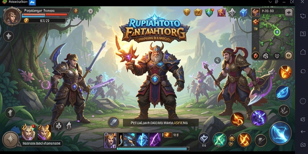 Screenshot RUPIAHTOTO menampilkan aksi pertempuran seru di dunia fantasi yang luas.