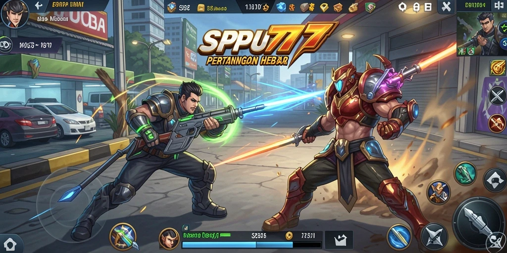 Screenshot gameplay SPBU77 menampilkan aksi pertempuran yang intens.